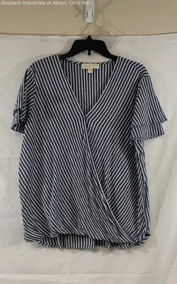 Blusa Top Michael Kors Para Mujer Azul Blanco Rayas Sobrepelliz Imitación Envolvente Talla L Foto 1 de 4