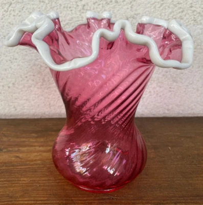 Fenton Cranberry Vintage Swirl Vase Ruby Snowflake White Edges 7" Glass Ruffle - Image 1 of 4