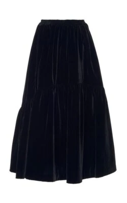 Black Velvet Midi Skirt Elastic Waist Evening Cocktail Gathering Party Wear - Image 1 of 4