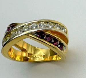 18kt Gold Plated Crossover Ring Signed GERG Clear Purple Amethyst Color Stones - Picture 1 of 9