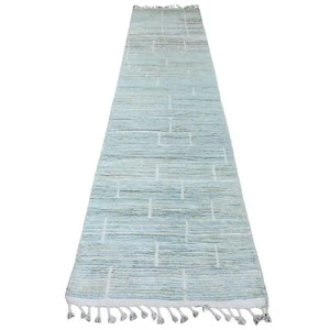 3'x13'2" Blue Geometric Moroccan Weave Soft Wool Hand Knotted Runner Rug R20276 - Picture 1 of 6