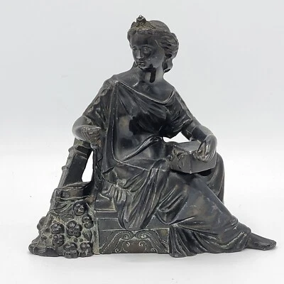 Antique Spelter Metal Statue Clock Topper Greek Goddess Pandora Mythical Box - Image 1 of 4