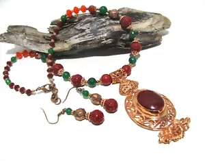 Handmade Jade, Cinnabar gemstone jewelry set of pendant necklace and earrings - Picture 1 of 5