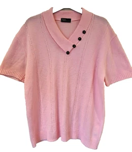 Damen Rosa Strickpullover Vintage Gerippt Kurzarm V-Ausschnitt Pullover Gr. 14 - Bild 1 von 10