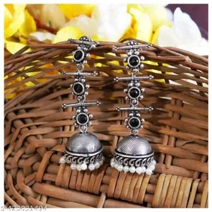 Silver Look Kundan Work Jhumka Oxidized Earrings Enameled Wedding Jewelry - Picture 1 of 3