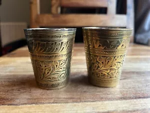 2x Brass Shot Glasses Etched Engraved Indian Tiny Vase Cups 5.8cm Tall - Picture 1 of 5