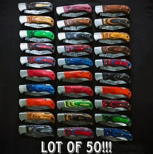 Lot Of 50 Custom Handmade Damascus Blade USA Wood Pocket Folding Knives W/Sheath - Picture 1 of 8