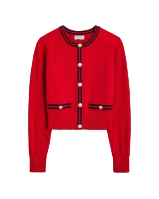 NUEVO CON ETIQUETAS J.Crew Suéter de Cachemira Chaqueta para Dama en Rojo Cardenal Azul Marino Borde en Contraste L Foto 1 de 4
