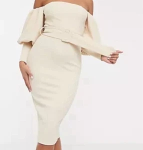 Vestido midi con cuello cuadrado y manga abullonada marfil talla 10 de ASOS Curve - Imagen 1 de 16