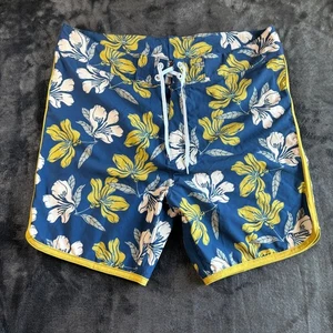 Atlantis Mens Size 38 Swim Trunks Board Shorts Floral Blue Yellow Size 38 - Picture 1 of 10