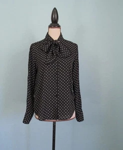 Size: XS WHO WHAT WEAR Black Blouse Polka Dot Bow Collar Long Sleeve Women - Picture 1 of 12