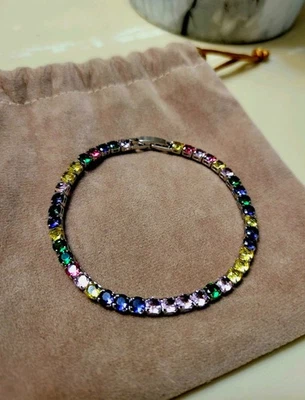 Pulsera Tenis Plata Multicolor Diamantes Colores 14k 7 1/2" Foto 1 de 3