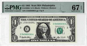 1993 $1 Federal Reserve 'WEB'Note(Philly)-Run 9-1/9-PMG GEM 67 EPQ-Only 4 Finer! - Picture 1 of 6