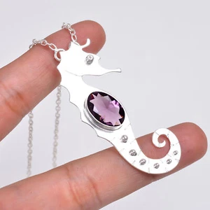 Purple Amethyst Gemstone 925 Sterling Silver Jewelry Pendant, Sea Horse Pendant - Picture 1 of 4