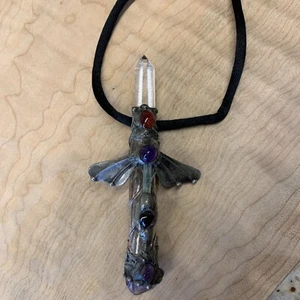 Crystal Pendant with Semi Precious Stones on Black Silk Cord. - Picture 1 of 7