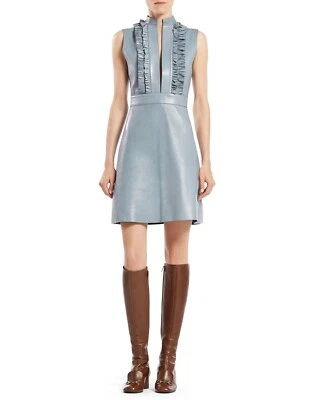 Gucci светло-синий кожаный оборки спереди мини-платье без рукавов - размер маленький - Изображение 1 из 4