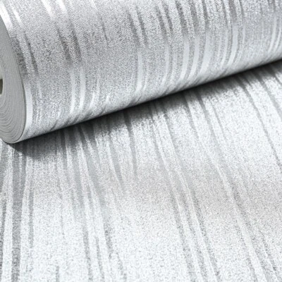 Plain Silver Stripe Wallpaper Foil Effect Metallic Shimmer Heavy Weight Vinyl - Image 1 of 4