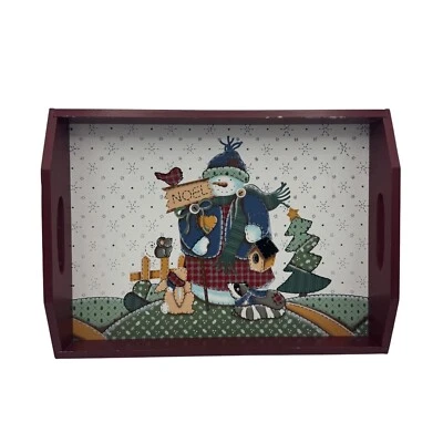 Wooden Serving Tray With Rustic Country Noel Snowman Scene - Image 1 of 4