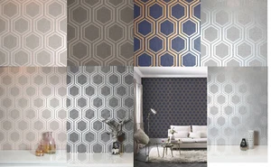 Arthouse Luxe Hexagon Geometric Wallpaper -Silver,Navy/Gold, Gunmetal Dusky Rose - Picture 1 of 17
