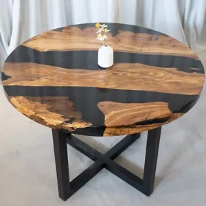 Black Resin Epoxy Round Table Top | Live Edge Walnut Wood Epoxy Table Home Decor - Picture 1 of 8