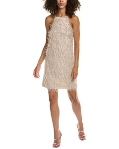 TRINA TURK Serah Silver Feather Fringe Silk Trim Mini Halter Shift Dress, Size 6 - Picture 1 of 10
