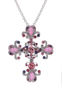 Religious Cross Pendant Necklace Sparkle Crystal Rhinestones Brooch Pin - Picture 1 of 30