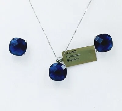 Checkerboard 22.74 Cts BLUE SAPPHIRE EARRINGS & PENDANT SET 14k WHITE GOLD - NWT - Image 1 of 4