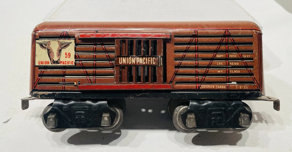 Marx 59 U.P. Stock Car with Slotted Sides - 6”/ 8 Wheel / Tab And Slot Couplers - Image 1 of 4