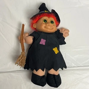 Vintage Russ Troll Puppe Hexe Halloween Plüsch Besen Hut orange Haare wurden geschnitten - Bild 1 von 5