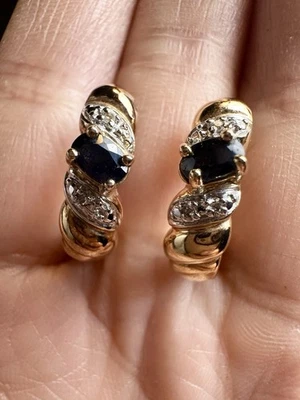 Ross Simons Sterling 14k Gold Vermeil Genuine Sapphire Diamond Hoop Earrings - Image 1 of 4