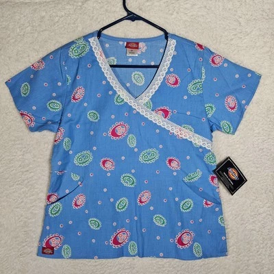 Dickies Women's S Small Scrub Top Blue, White Lace, Floral Medical Nurse NEW - Image 1 of 4