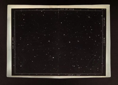 Mapa gráfico estelar de astronomía Mitchel 1848 XI cielo ecuatorial 195° Virgo Corvus Foto 1 de 4