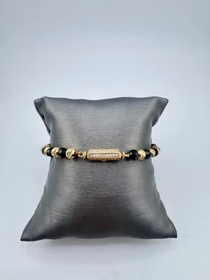14K Yellow Gold And Onyx Diamond Cut Beaded Bracelet With Diamond Closure - Image 1 of 4