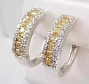 3Ct Cushion Lab-Created Yellow Canary Diamond Hoop Earring 14K White Gold Finish - Picture 1 of 4