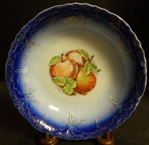 Antique Embossed Scalloped La Franciase Semi Vitreous Apple Bowl Blue/Gold Rim - Picture 1 of 9