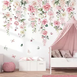 Large Pink Flowers Wall Stickers Hanging Vine Floral Leaves Multi - Picture 1 of 11