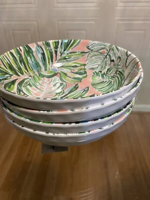 Tommy Bahama Melamine Dinner Bowls Tropical Palm Leaves Set of 4 NEW 8” - Image 1 of 4
