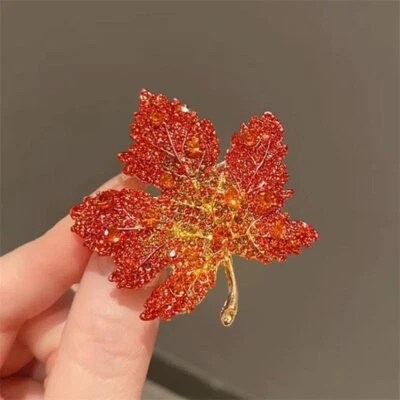 Retro Red Maple Leaf Crystal Brooch Pin Badge Corsage Lapel Women Party Jewelry - Image 1 of 4