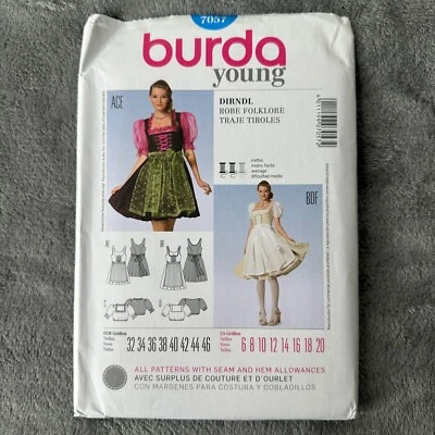 Burda 7057 Dirndl Dress Blouse German Austrian Oktoberfest Costume Pattern 6-20 - Image 1 of 4