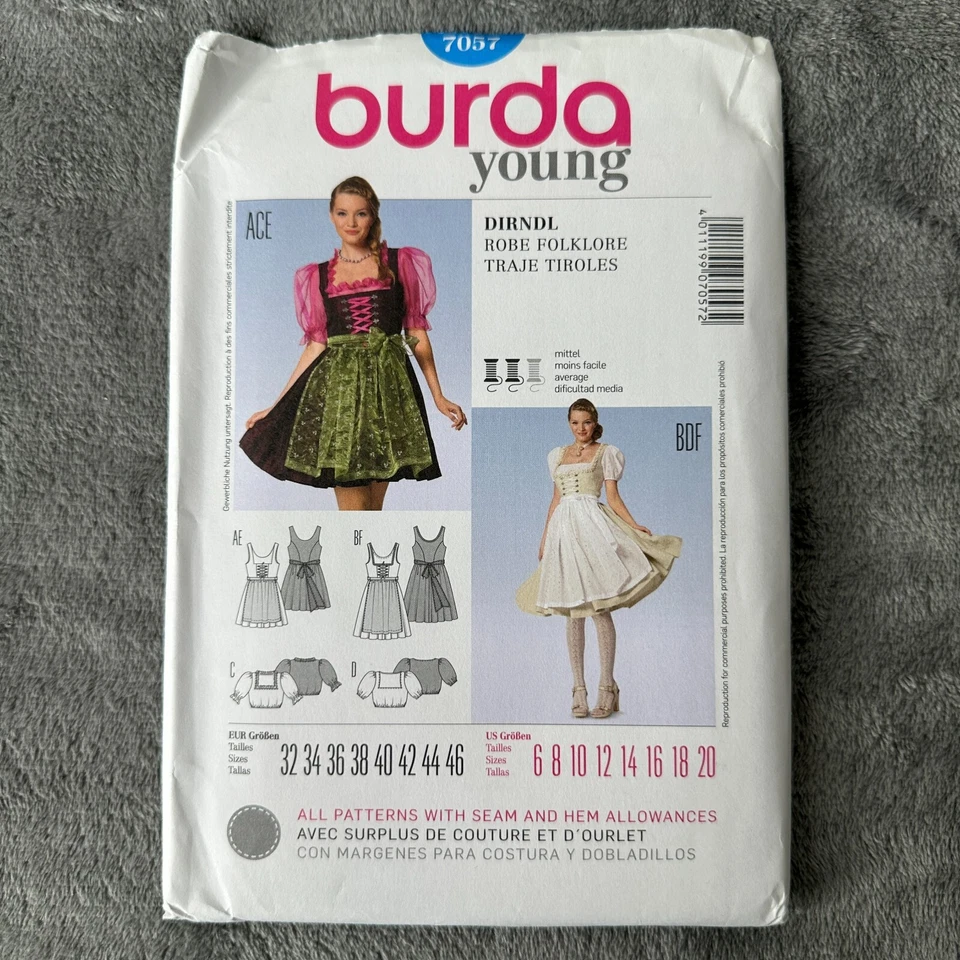 Burda 7057 Dirndl Dress Blouse German Austrian Oktoberfest Costume Pattern 6-20 - Image 1 of 4