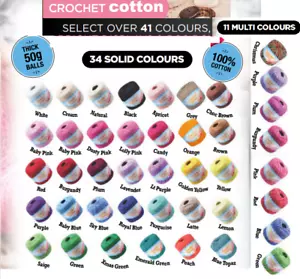  50g 40+ colour Crochet Cotton Ball Knitting Yarn 100% Cotton Thread Hand - Picture 1 of 44