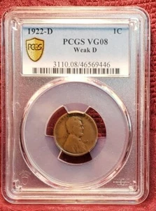 1922-D Lincoln Wheat Cent PCGS VG08 Weak D, Free Shipping - Picture 1 of 4