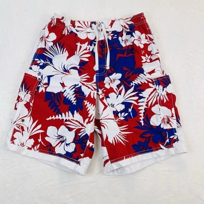 Bañador Hawaiano Roundtree & Yorke Para Hombre Pequeño Azul Blanco Rojo Floral Playa Foto 1 de 4