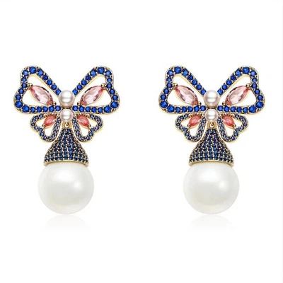 Pendientes con lazo de perlas mariposa de plata de ley S925 para mujer cristal multicolor Foto 1 de 4