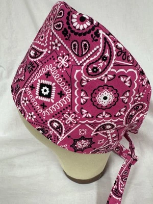 Men/Women Surgical Scrub Cap Lined Bandana Pink And White 100% Cotton Fabric - Image 1 of 3