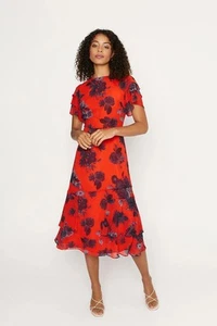 Oasis Red/Orange Floral Shadow Midaxi Dress Size 18 BNWT - Picture 1 of 6
