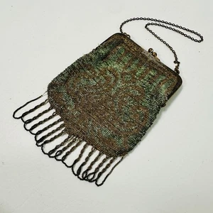 Antique Micro Steel Bead Coin Purse Metal Beaded Fringe Flapper Made In France - Picture 1 of 16