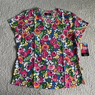 Koi French Bull Scrub Top Women’s Large Blue Palais Multi Floral Nursing Medical - Image 1 of 4