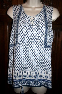Max Studio boho camiseta sin mangas M/L azul blanco delft resort playa hippy - Imagen 1 de 6