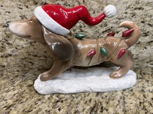 Christmas Santa Dachshund Snow Mistletoe And Light Bulbs Statue Resin Figurine - Picture 1 of 11
